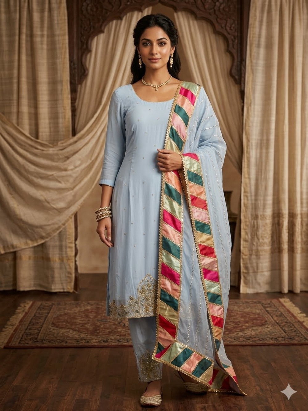 Light Blue Embroidered Salwar Kameez with Multi-Color Border Dupatta Small